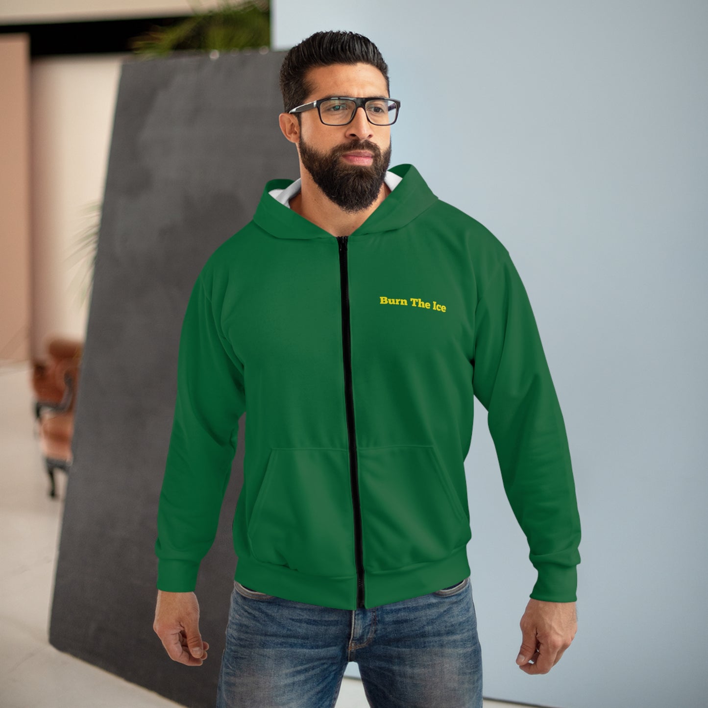 Green Zip Hoodie with Gold Brand Logo - Burn Tha Ice Unisex