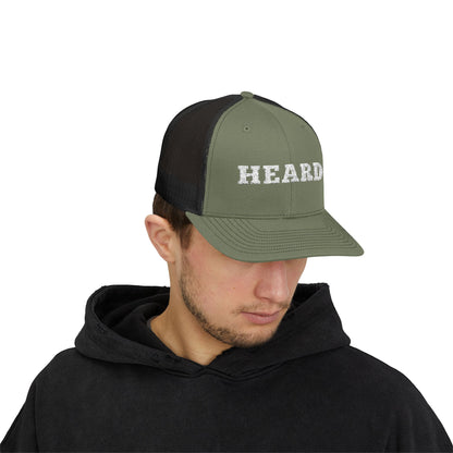 Heard Trucker Cap White Text